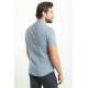 Light Dark Blue Color Hanging Pocket Design Casual Short Sleeved Linen Shirt
