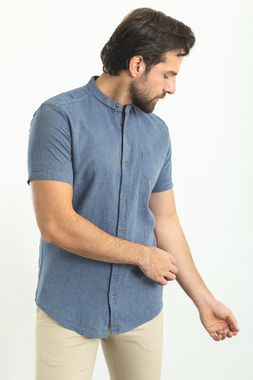 Dark Navy Blue Color Hanging Pocket Design Casual Short Sleeved Linen Shirt