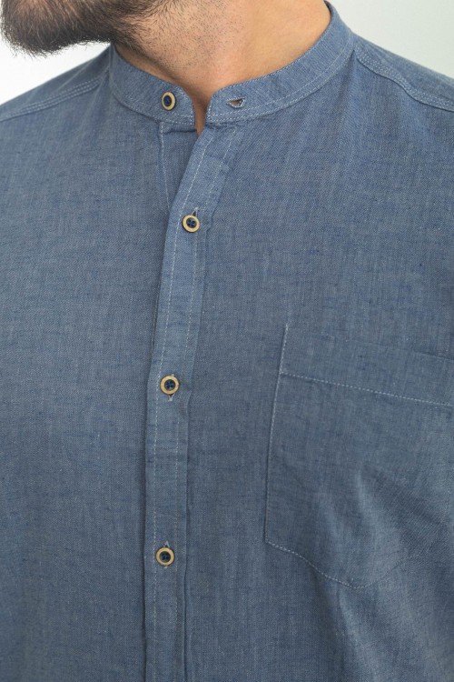 Dark Navy Blue Color Hanging Pocket Design Casual Short Sleeved Linen Shirt