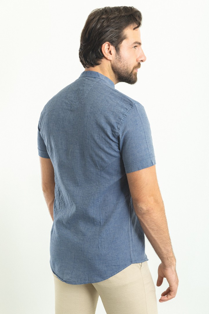 Dark Navy Blue Color Hanging Pocket Design Casual Short Sleeved Linen Shirt