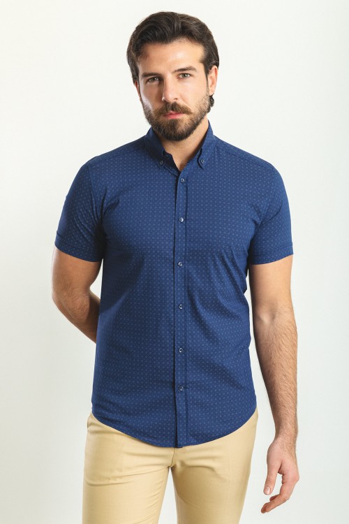 Dark Blue Color Gingham Design Casual Cotton Short Sleeved Shirt