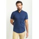 Dark Blue Color Gingham Design Casual Cotton Short Sleeved Shirt