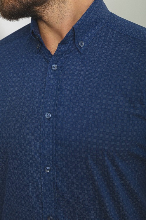 Dark Blue Color Gingham Design Casual Cotton Short Sleeved Shirt