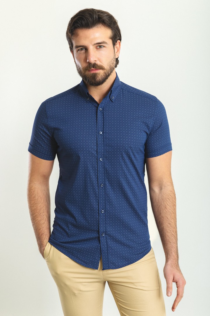 Dark Blue Color Gingham Design Casual Cotton Short Sleeved Shirt