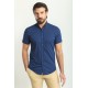 Dark Blue Color Gingham Design Casual Cotton Short Sleeved Shirt