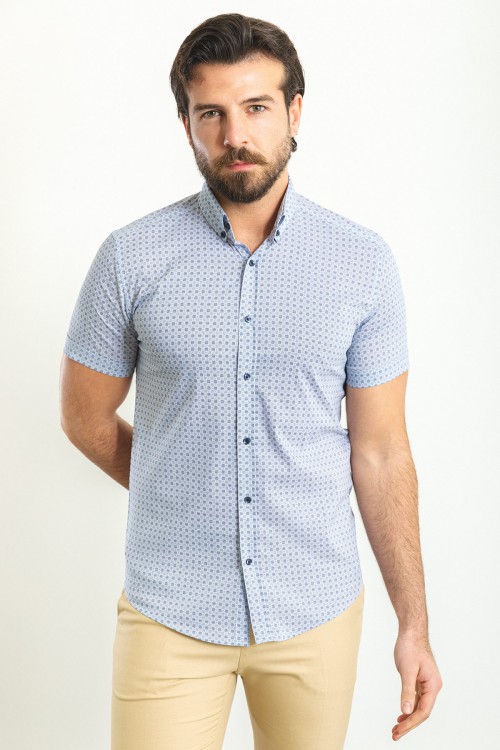 White And Dark Blue Color Gingham Design Casual Cotton Short Sleeved Shirt