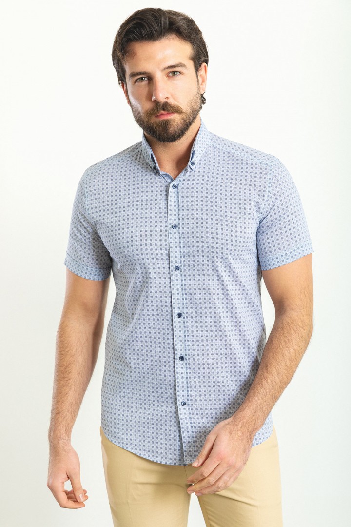White And Dark Blue Color Gingham Design Casual Cotton Short Sleeved Shirt