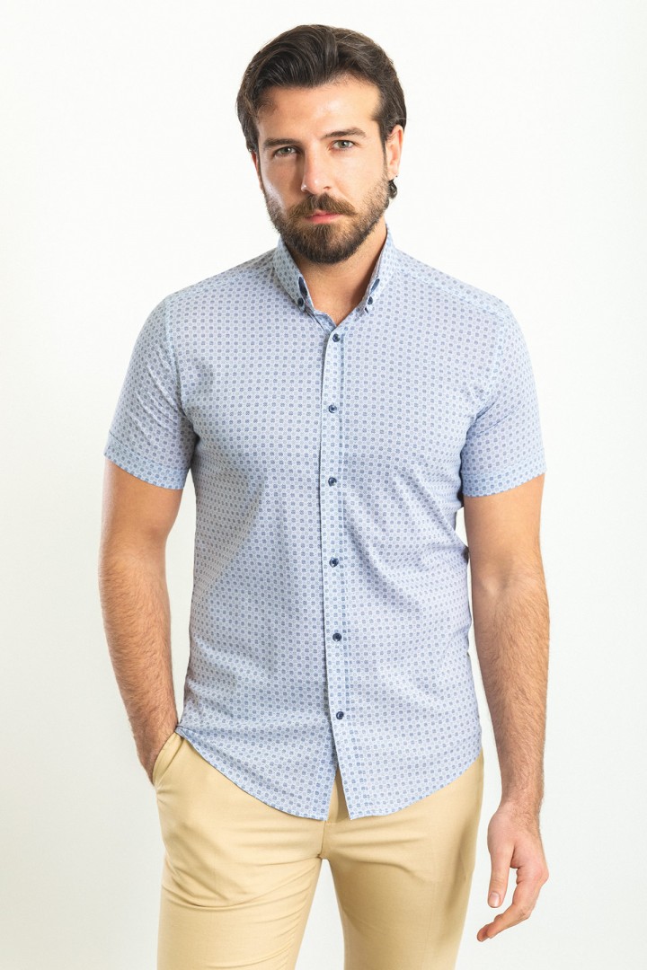 White And Dark Blue Color Gingham Design Casual Cotton Short Sleeved Shirt