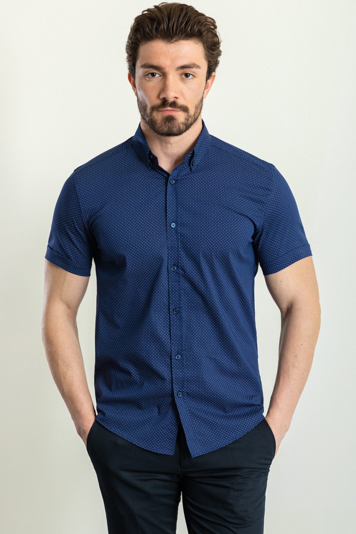 Dark Blue Color Cotton Fabric Casual Short Sleeved Men's Shirt