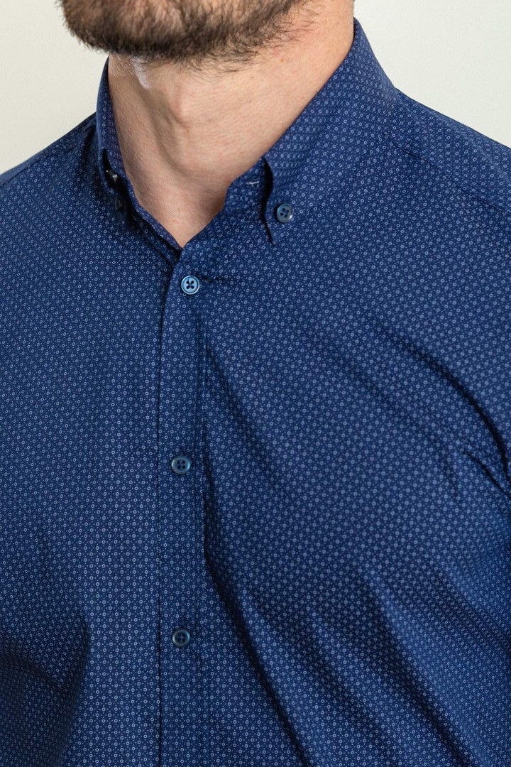 Dark Blue Color Cotton Fabric Casual Short Sleeved Men's Shirt