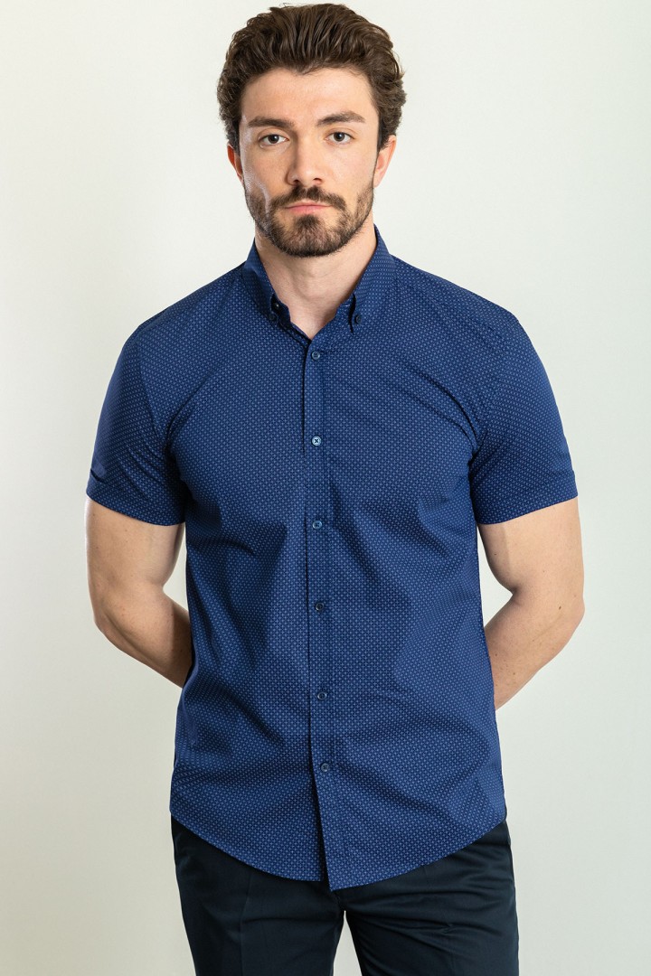 Dark Blue Color Cotton Fabric Casual Short Sleeved Men's Shirt