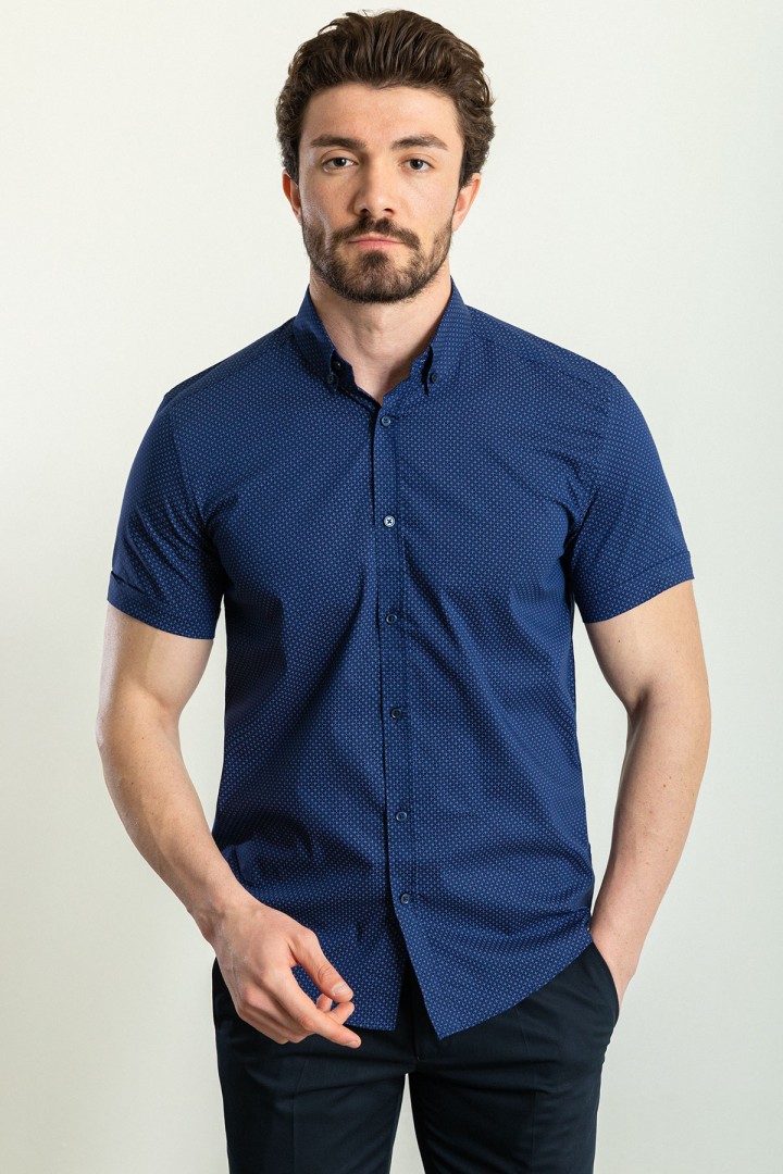 Dark Blue Color Cotton Fabric Casual Short Sleeved Men's Shirt