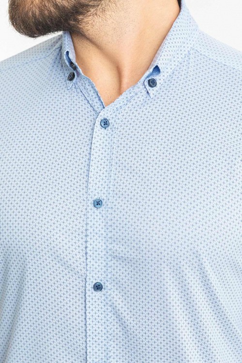 Blue Color Cotton Fabric Casual Short Sleeved Men's Shirt