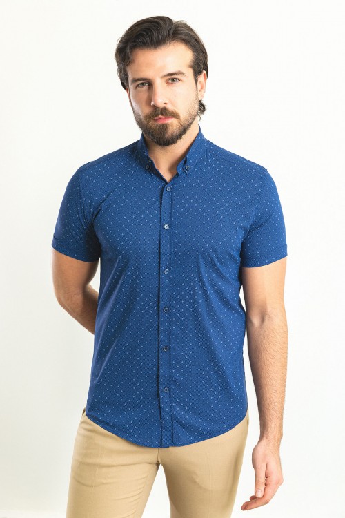 Light Dark Blue Cotton Fabric Figured Design Casual Men's Short Sleeved Shirt
