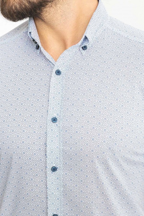 White Cotton Fabric Figured Design Casual Men's Short Sleeved Shirt