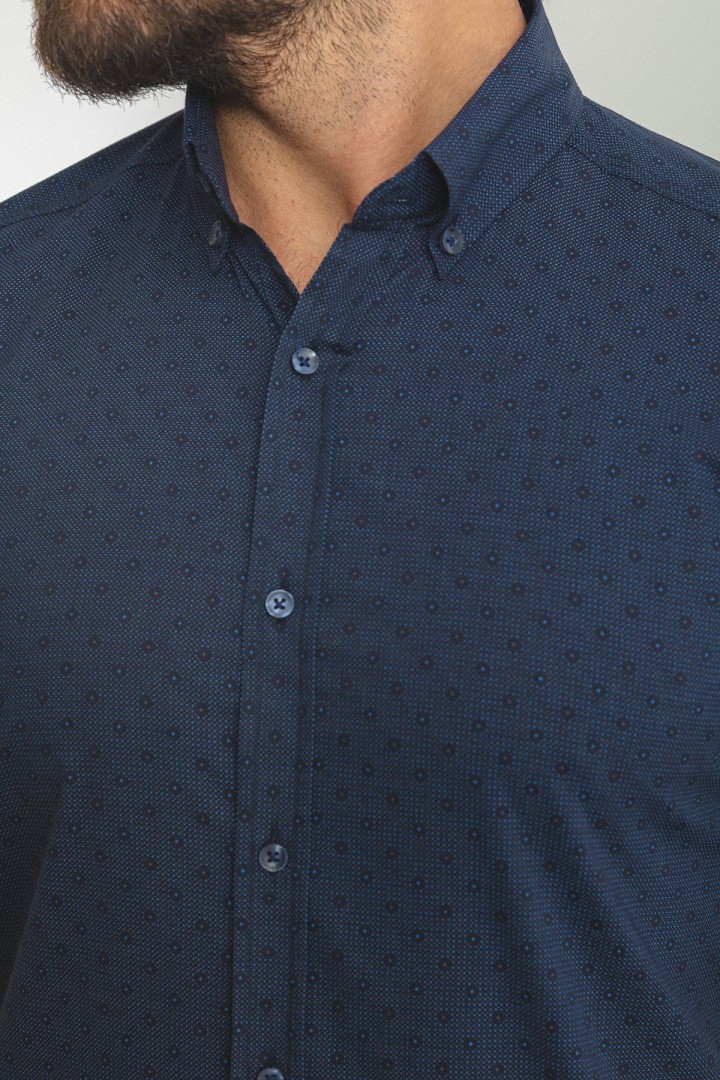 Dark Blue Color Figured Design Casual Cotton Short Sleeved Shirt