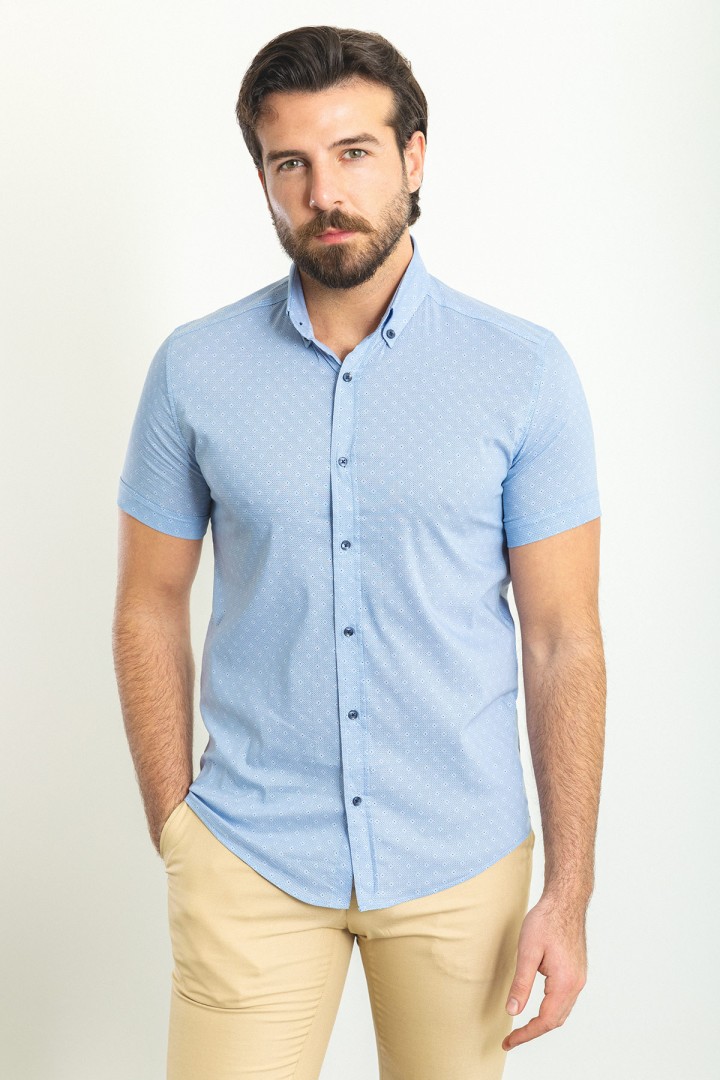 Blue Color Figured Design Casual Cotton Short Sleeved Shirt