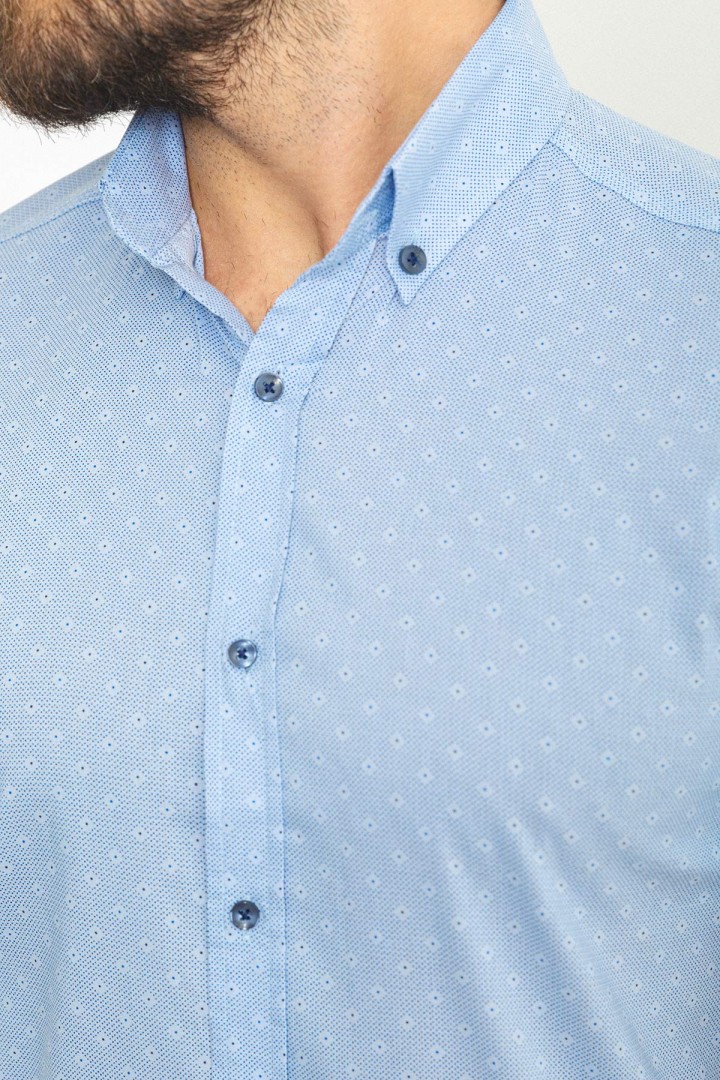 Blue Color Figured Design Casual Cotton Short Sleeved Shirt