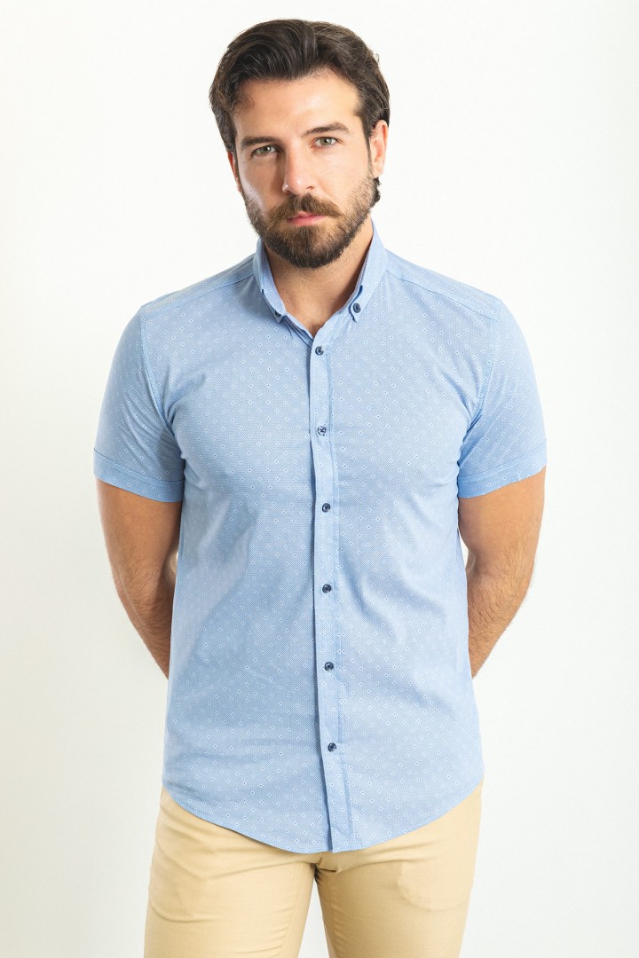 Blue Color Figured Design Casual Cotton Short Sleeved Shirt