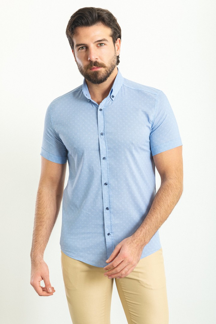 Blue Color Figured Design Casual Cotton Short Sleeved Shirt