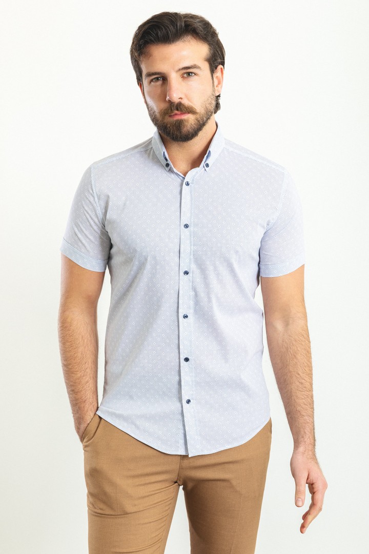 White Color Figured Design Casual Cotton Short Sleeved Shirt