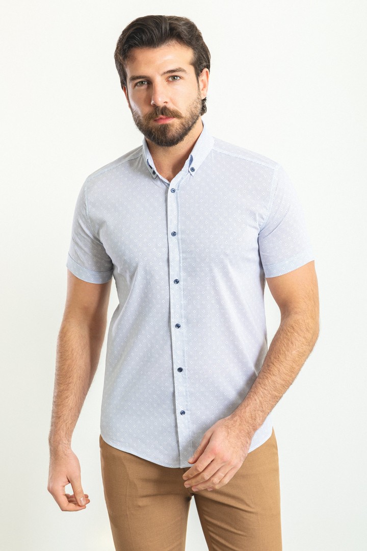 White Color Figured Design Casual Cotton Short Sleeved Shirt