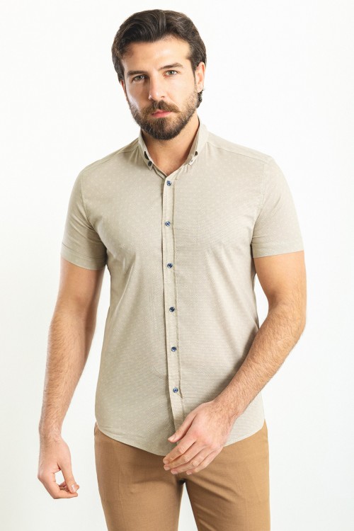 Beige Color Figured Design Casual Cotton Short Sleeved Shirt