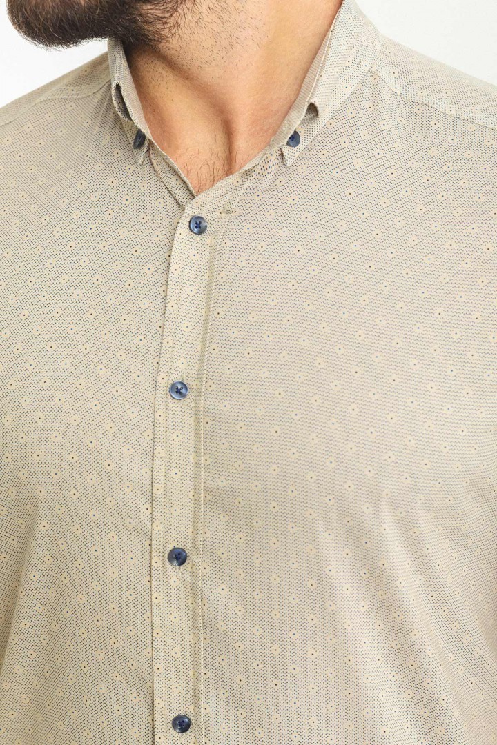 Beige Color Figured Design Casual Cotton Short Sleeved Shirt
