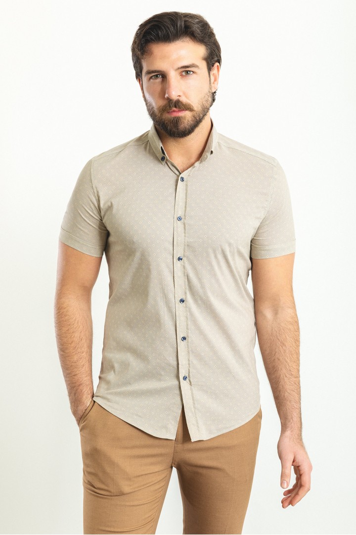 Beige Color Figured Design Casual Cotton Short Sleeved Shirt