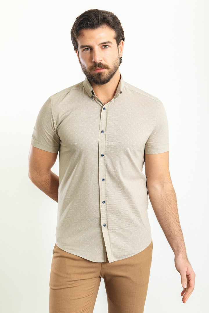 Beige Color Figured Design Casual Cotton Short Sleeved Shirt