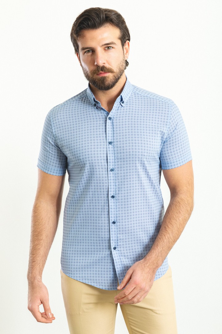 Blue Color Cotton Check Patterned Design Casual Short Sleeved Men's Shirt