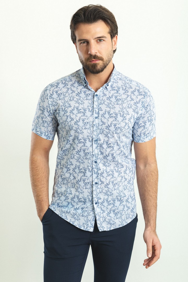 White Color Cotton Fabric Flower Figured Design Casual Short Sleeved Men's Shirt