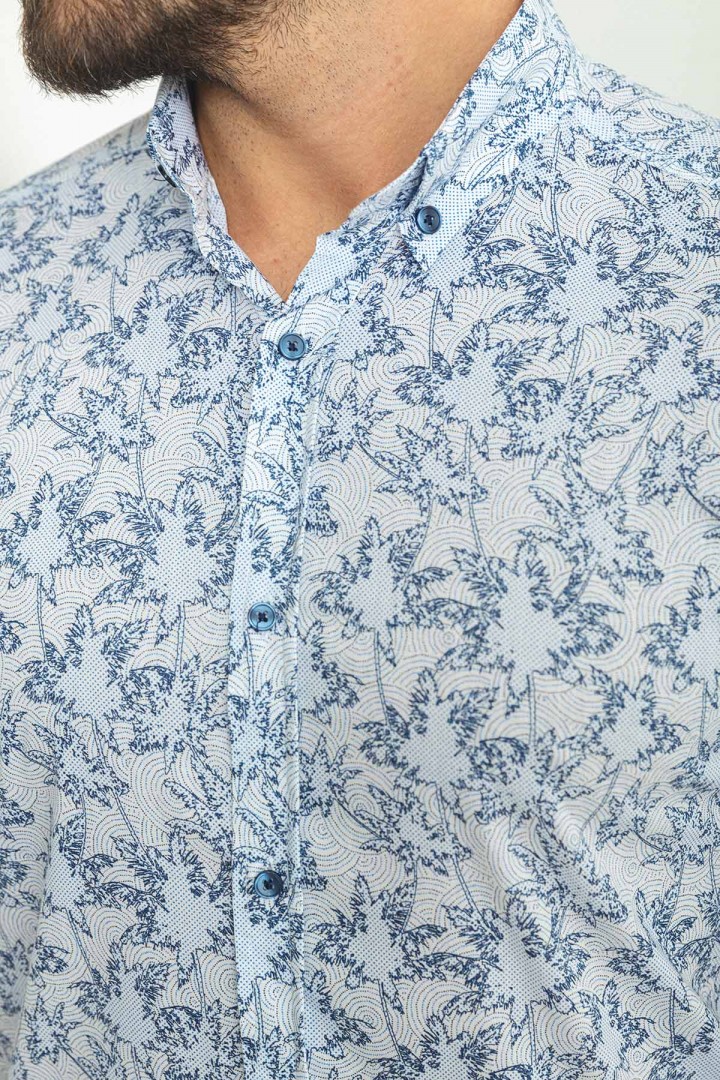 White Color Cotton Fabric Flower Figured Design Casual Short Sleeved Men's Shirt
