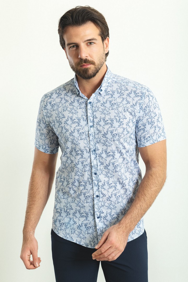 White Color Cotton Fabric Flower Figured Design Casual Short Sleeved Men's Shirt
