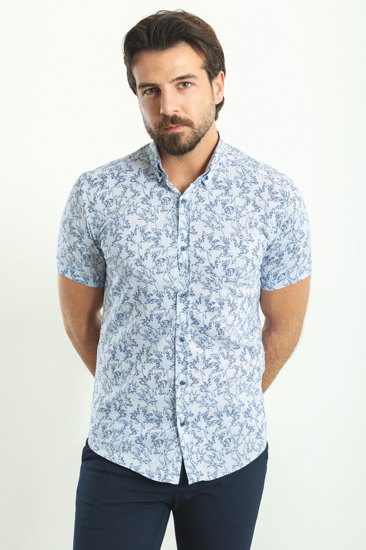 White Color Cotton Fabric Flower Figured Design Casual Short Sleeved Men's Shirt