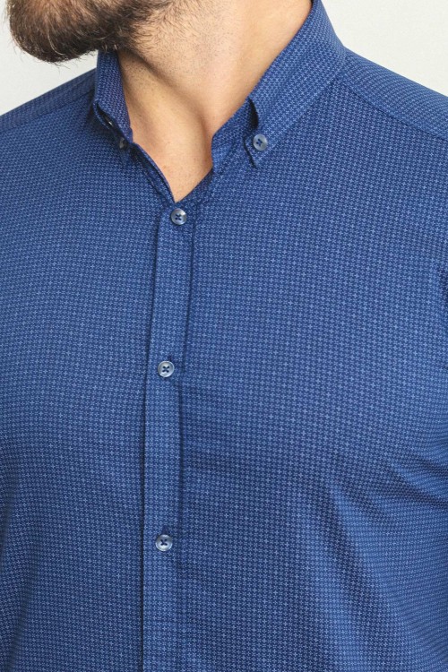 Dark Blue Cotton Fabric Casual Men's Short Sleeved Shirt