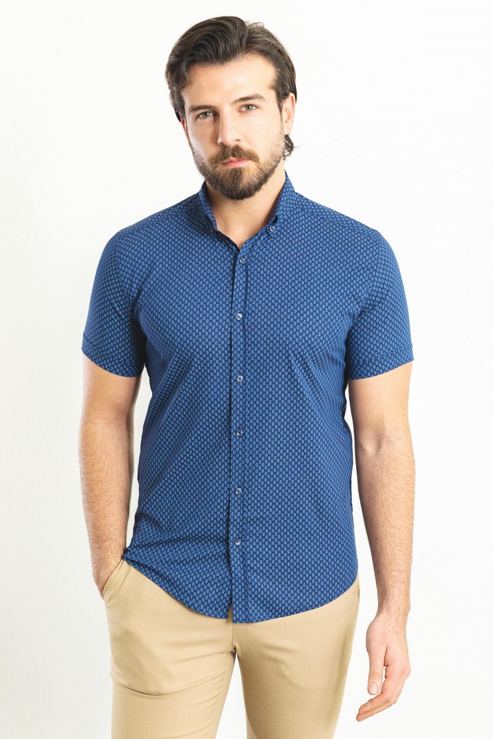 Dark Blue Color Cotton Fabric Casual Men's Short Sleeved Shirt