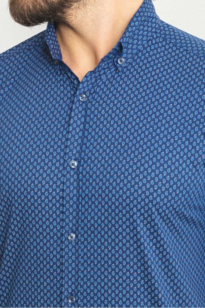 Dark Blue Color Cotton Fabric Casual Men's Short Sleeved Shirt