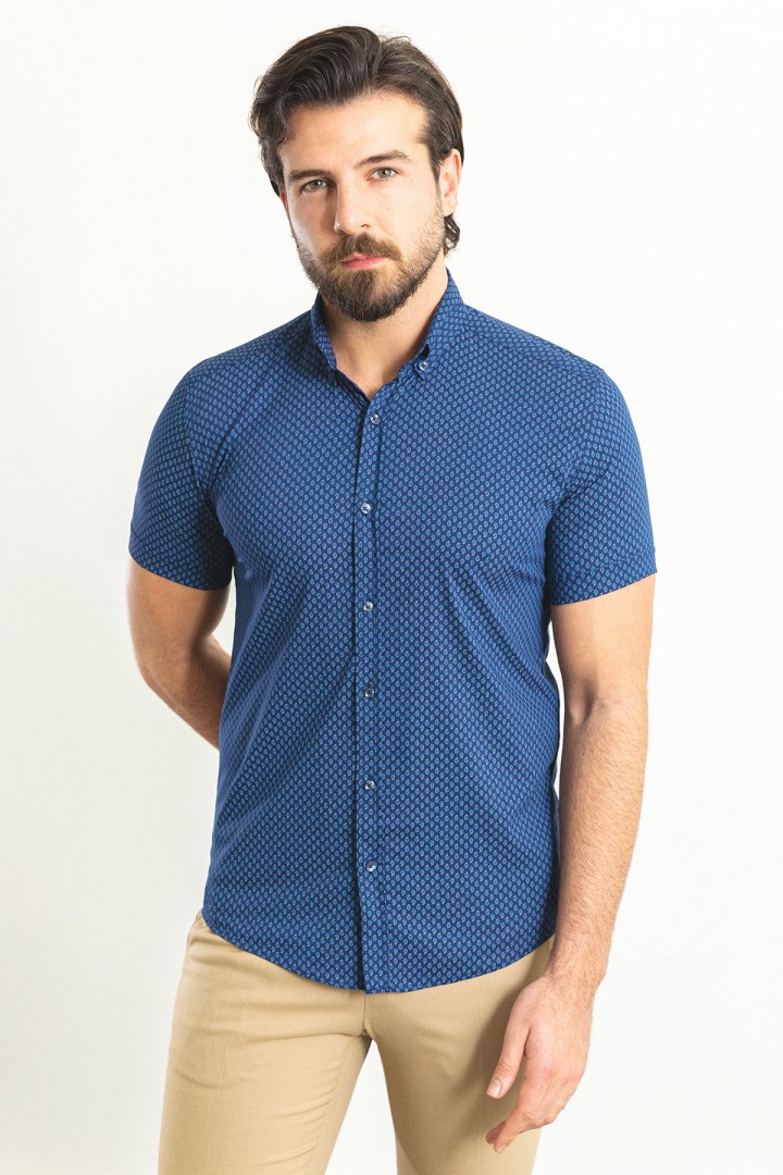 Dark Blue Color Cotton Fabric Casual Men's Short Sleeved Shirt