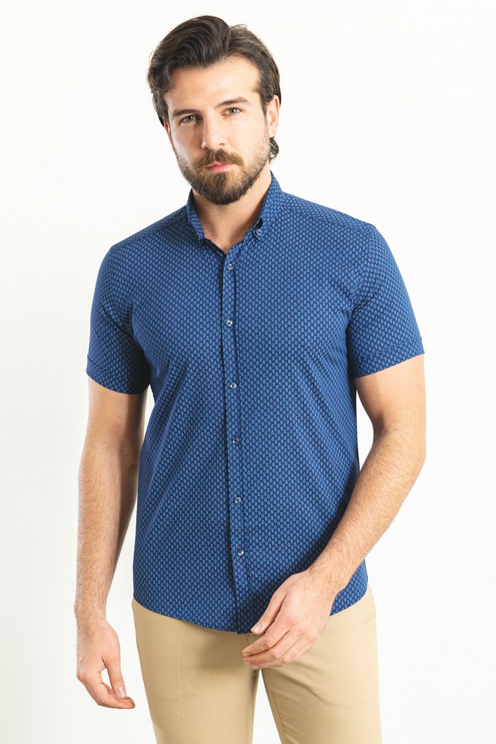 Dark Blue Color Cotton Fabric Casual Men's Short Sleeved Shirt