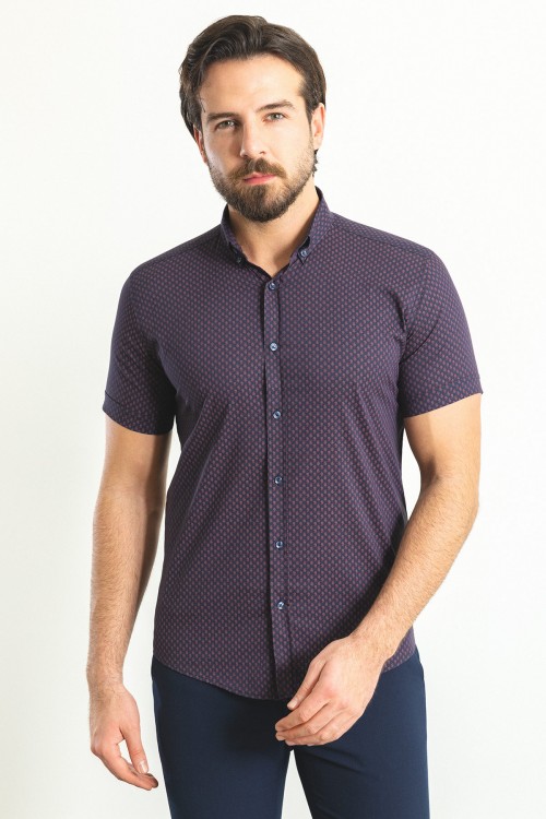 Dark Navy Blue Color Cotton Fabric Casual Men's Short Sleeved Shirt
