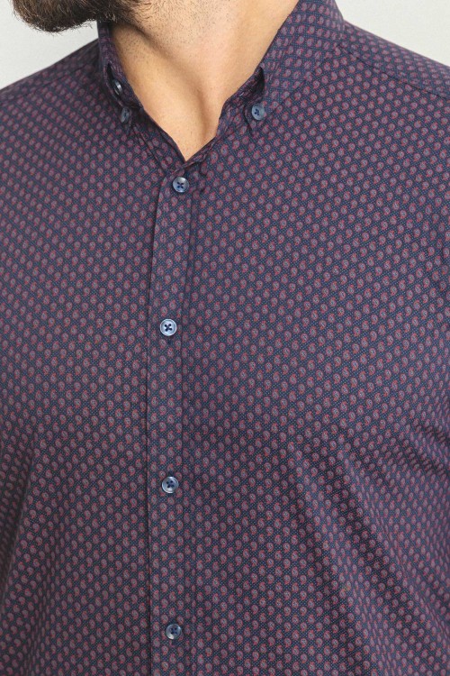 Dark Navy Blue Color Cotton Fabric Casual Men's Short Sleeved Shirt