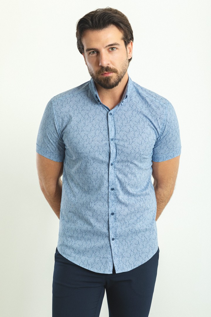 Blue Color Cotton Fabric Figured Design Casual Short Sleeved Men's Shirt