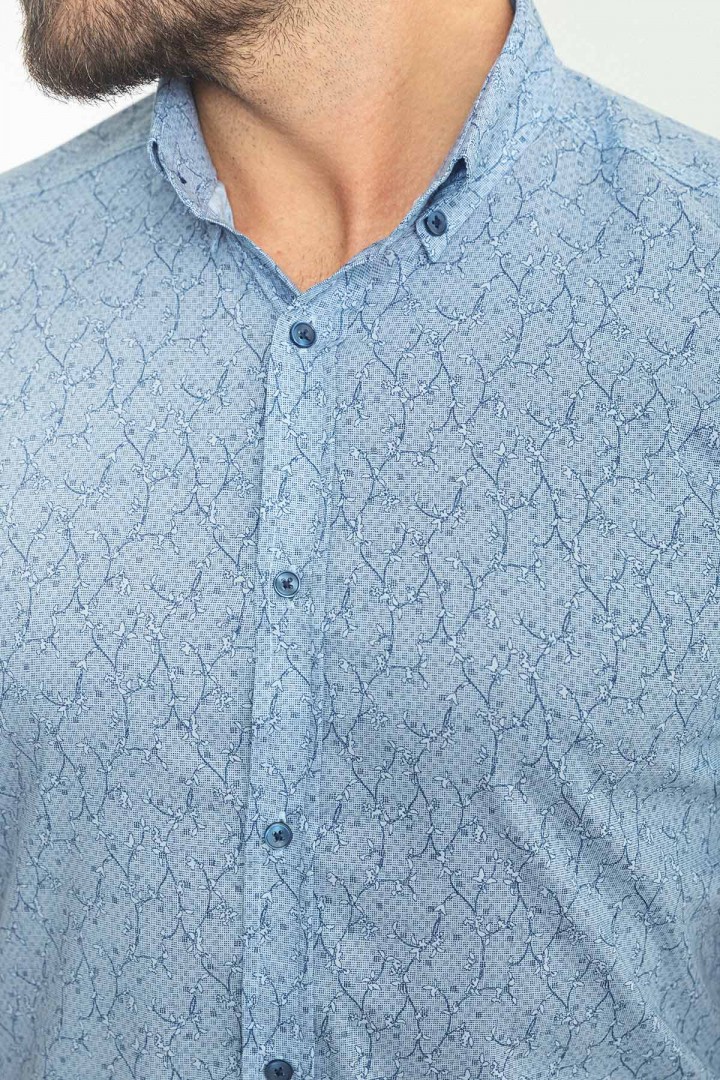 Blue Color Cotton Fabric Figured Design Casual Short Sleeved Men's Shirt
