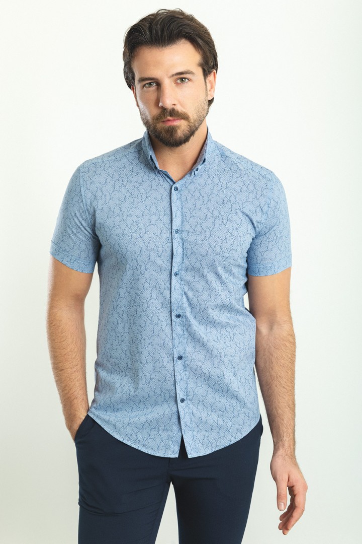 Blue Color Cotton Fabric Figured Design Casual Short Sleeved Men's Shirt