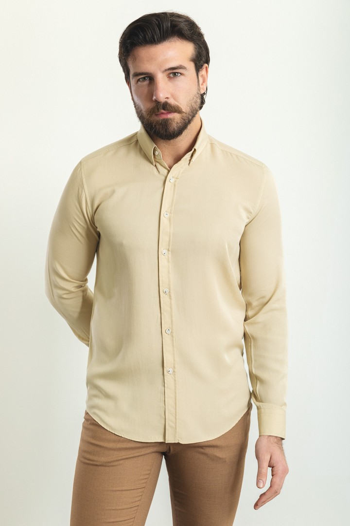 Beige Color Tencel Fabric Casual Men's Shirt