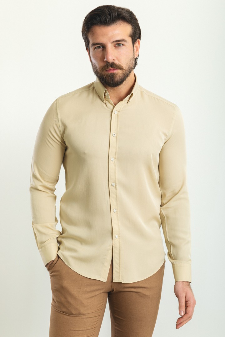 Beige Color Tencel Fabric Casual Men's Shirt