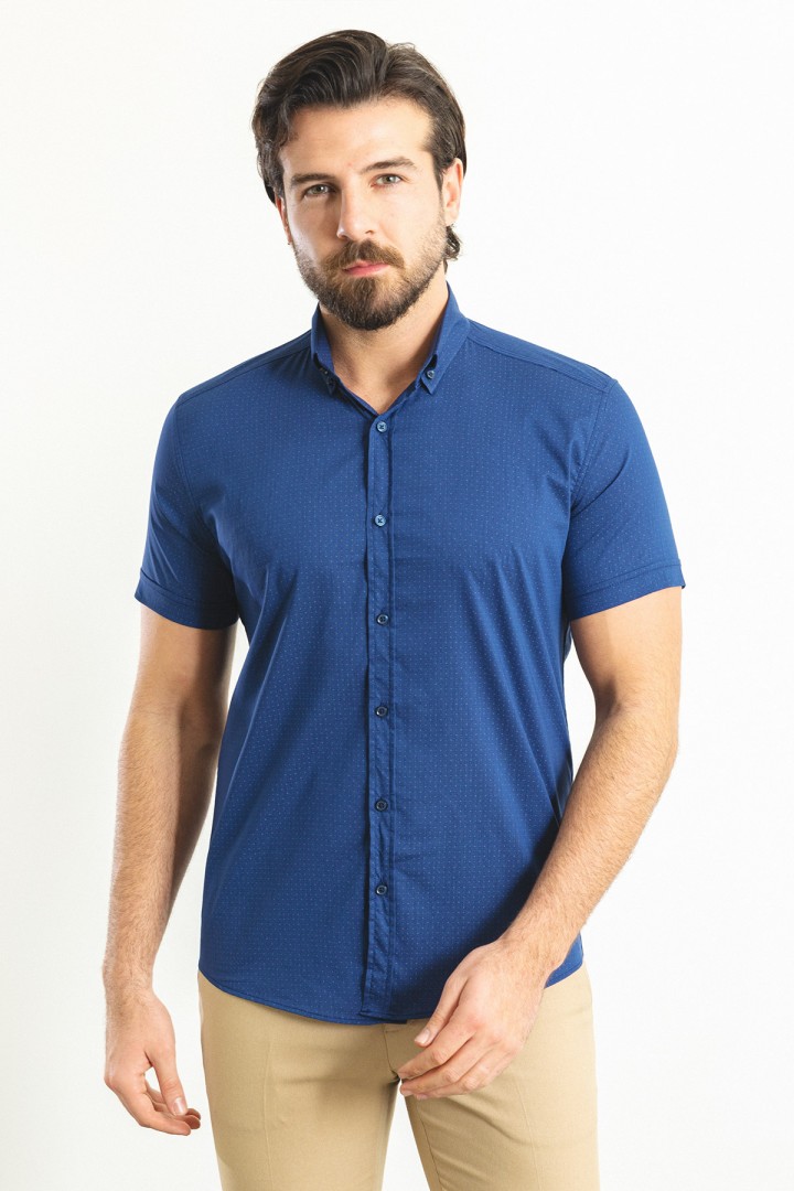 Dark Blue Color Casual Cotton Short Sleeved Shirt