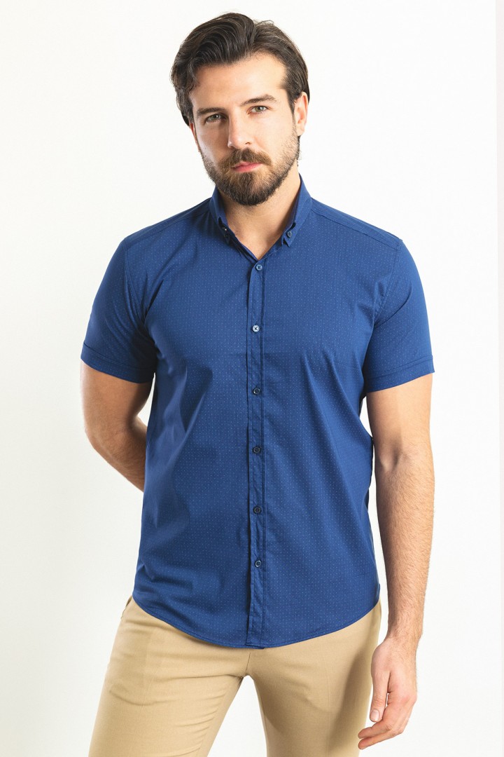 Dark Blue Color Casual Cotton Short Sleeved Shirt
