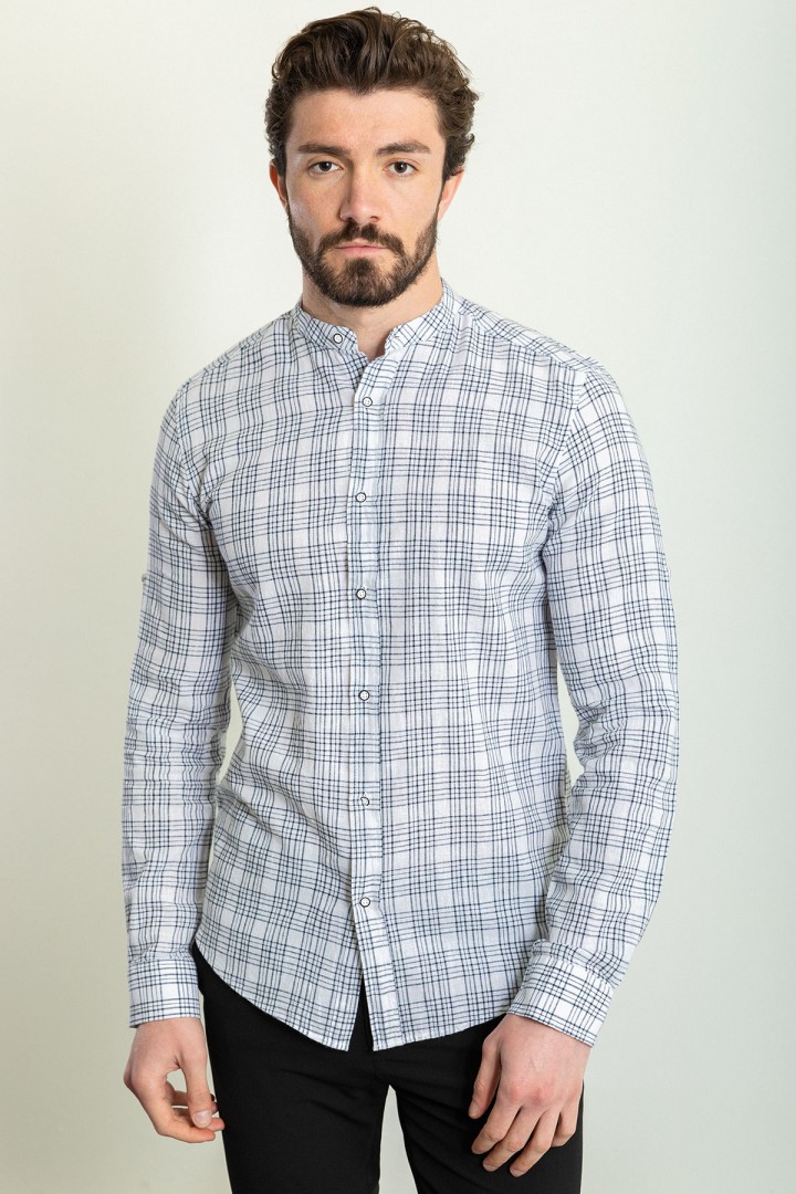 White And Black Color Check Patterned Design Casual Linen Shirt